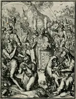 An illustration from Hieroglyphica, of, Merkbeelden der oude volkeren : namentlyk Egyptenaren, Chaldeeuwen, Feniciers, Joden, Grieken, Romeynen, enz. : nevens een omstandig bericht van het verval en voortkruypende verbastering der godsdiensten door verscheyde eeuwen : en eyndelyk de hervorming, tot op deze tyden toe vervolgt : In LXIII. hoofdstukken, en zoo veele kopere print-blaaden (1735)