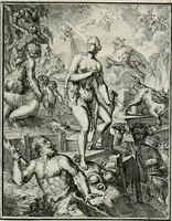 An illustration from Hieroglyphica, of, Merkbeelden der oude volkeren : namentlyk Egyptenaren, Chaldeeuwen, Feniciers, Joden, Grieken, Romeynen, enz. : nevens een omstandig bericht van het verval en voortkruypende verbastering der godsdiensten door verscheyde eeuwen : en eyndelyk de hervorming, tot op deze tyden toe vervolgt : In LXIII. hoofdstukken, en zoo veele kopere print-blaaden (1735)