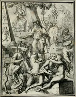 An illustration from Hieroglyphica, of, Merkbeelden der oude volkeren : namentlyk Egyptenaren, Chaldeeuwen, Feniciers, Joden, Grieken, Romeynen, enz. : nevens een omstandig bericht van het verval en voortkruypende verbastering der godsdiensten door verscheyde eeuwen : en eyndelyk de hervorming, tot op deze tyden toe vervolgt : In LXIII. hoofdstukken, en zoo veele kopere print-blaaden (1735)