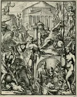 An illustration from Hieroglyphica, of, Merkbeelden der oude volkeren : namentlyk Egyptenaren, Chaldeeuwen, Feniciers, Joden, Grieken, Romeynen, enz. : nevens een omstandig bericht van het verval en voortkruypende verbastering der godsdiensten door verscheyde eeuwen : en eyndelyk de hervorming, tot op deze tyden toe vervolgt : In LXIII. hoofdstukken, en zoo veele kopere print-blaaden (1735)