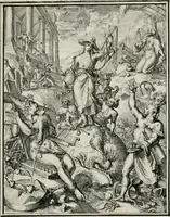 An illustration from Hieroglyphica, of, Merkbeelden der oude volkeren : namentlyk Egyptenaren, Chaldeeuwen, Feniciers, Joden, Grieken, Romeynen, enz. : nevens een omstandig bericht van het verval en voortkruypende verbastering der godsdiensten door verscheyde eeuwen : en eyndelyk de hervorming, tot op deze tyden toe vervolgt : In LXIII. hoofdstukken, en zoo veele kopere print-blaaden (1735)