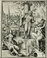 An illustration from Hieroglyphica, of, Merkbeelden der oude volkeren : namentlyk Egyptenaren, Chaldeeuwen, Feniciers, Joden, Grieken, Romeynen, enz. : nevens een omstandig bericht van het verval en voortkruypende verbastering der godsdiensten door verscheyde eeuwen : en eyndelyk de hervorming, tot op deze tyden toe vervolgt : In LXIII. hoofdstukken, en zoo veele kopere print-blaaden (1735)