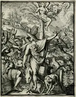 An illustration from Hieroglyphica, of, Merkbeelden der oude volkeren : namentlyk Egyptenaren, Chaldeeuwen, Feniciers, Joden, Grieken, Romeynen, enz. : nevens een omstandig bericht van het verval en voortkruypende verbastering der godsdiensten door verscheyde eeuwen : en eyndelyk de hervorming, tot op deze tyden toe vervolgt : In LXIII. hoofdstukken, en zoo veele kopere print-blaaden (1735)