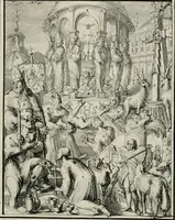 An illustration from Hieroglyphica, of, Merkbeelden der oude volkeren : namentlyk Egyptenaren, Chaldeeuwen, Feniciers, Joden, Grieken, Romeynen, enz. : nevens een omstandig bericht van het verval en voortkruypende verbastering der godsdiensten door verscheyde eeuwen : en eyndelyk de hervorming, tot op deze tyden toe vervolgt : In LXIII. hoofdstukken, en zoo veele kopere print-blaaden (1735)