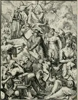 An illustration from Hieroglyphica, of, Merkbeelden der oude volkeren : namentlyk Egyptenaren, Chaldeeuwen, Feniciers, Joden, Grieken, Romeynen, enz. : nevens een omstandig bericht van het verval en voortkruypende verbastering der godsdiensten door verscheyde eeuwen : en eyndelyk de hervorming, tot op deze tyden toe vervolgt : In LXIII. hoofdstukken, en zoo veele kopere print-blaaden (1735)