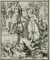 An illustration from Hieroglyphica, of, Merkbeelden der oude volkeren : namentlyk Egyptenaren, Chaldeeuwen, Feniciers, Joden, Grieken, Romeynen, enz. : nevens een omstandig bericht van het verval en voortkruypende verbastering der godsdiensten door verscheyde eeuwen : en eyndelyk de hervorming, tot op deze tyden toe vervolgt : In LXIII. hoofdstukken, en zoo veele kopere print-blaaden (1735)