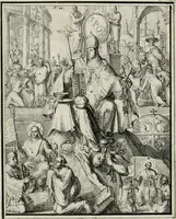 An illustration from Hieroglyphica, of, Merkbeelden der oude volkeren : namentlyk Egyptenaren, Chaldeeuwen, Feniciers, Joden, Grieken, Romeynen, enz. : nevens een omstandig bericht van het verval en voortkruypende verbastering der godsdiensten door verscheyde eeuwen : en eyndelyk de hervorming, tot op deze tyden toe vervolgt : In LXIII. hoofdstukken, en zoo veele kopere print-blaaden (1735)