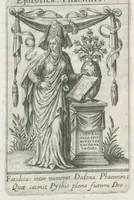 An illustration from Tractatus posthumus Jani Jacobi Boissardi Vesvuntini de divinatione et magicis præstigiis: quarum veritas ac vanitas solidè exponitur per descriptionem deorum fatidicorum qui olim responsa dederunt; eorundemque prophetarum, sacerdotum, Phoebadum, Sibyllarum et divinorum qui priscis temporibus celebres oraculis exstiterunt / Adjunctis simul omnium effigiebus, ab ipso autore ... delineatis ; jam ... æri incisis per Joh. Theodor. de Bry (1611)