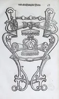 An illustration from Hippopronia : grundtlicher vnnd eigentlicher Bericht inn zwey Bücher verfasset : erstlichen, von Art vnd Eygenschafft der Pferde, wie die auff allerhand vnd vilfaltige Manieren vnd Weisen zu zeumen vnnd abzurichten : mit darzu gehöriger Mundstucken vnd Stangen, vff vnd Abrisse vnd andern künstlichen Figurẽ vorgebildt : so dann fürs ander von derselben Zufäll vnnd Kranckheiten, auch bewehrter Mittel, Curation vnd heilsamen Artzneyen gegründte Beschreibung : alles durch langwirige Erfahrung ... zusam̃en gebracht, vnd ... vor Jaren in Truck verfertigt (1599)