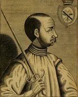 An illustration from Histoire de messire Bertrand du Guesclin ... contenant les guerres, batailles, & conquestes faites sur les Anglois, Espagnols, & autres, durant les regnes des rois Jean & Charles V. Escrite en prose l'an M.CCC.LXXXVII. à la requeste de messire Jean d'Estouteville ... et nouvellement mise en lumiere par Me. Claude Menard (1618)