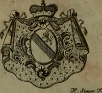An illustration from Histoire généalogique et chronologique de la maison royale de France, des pairs, grands officiers de la couronne & de la maison du roy & des anciens barons du royaume : avec les qualitez, l'origine, le progrés & les armes de leurs familles; ensemble les statuts & le catalogue des chevaliers, commandeurs, & officiers de l'ordre du S. Esprit : le tovt dressé svr titres originaux, svr les registres des chartes du roy, du parlement, de la chambre des comptes, & du châtelet de Paris, cartulaires, manuscrits de la bibliotheque du roy, & d'autres cabinets curieux (1726)