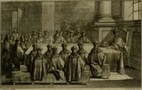An illustration from Histoire généalogique et chronologique de la maison royale de France, des pairs, grands officiers de la couronne & de la maison du roy & des anciens barons du royaume : avec les qualitez, l'origine, le progrés & les armes de leurs familles; ensemble les statuts & le catalogue des chevaliers, commandeurs, & officiers de l'ordre du S. Esprit : le tovt dressé svr titres originaux, svr les registres des chartes du roy, du parlement, de la chambre des comptes, & du châtelet de Paris, cartulaires, manuscrits de la bibliotheque du roy, & d'autres cabinets curieux (1726)