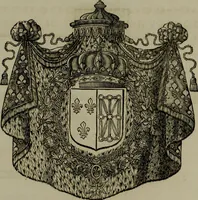 An illustration from Histoire généalogique et chronologique de la maison royale de France, des pairs, grands officiers de la couronne & de la maison du roy & des anciens barons du royaume : avec les qualitez, l'origine, le progrés & les armes de leurs familles; ensemble les statuts & le catalogue des chevaliers, commandeurs, & officiers de l'ordre du S. Esprit : le tovt dressé svr titres originaux, svr les registres des chartes du roy, du parlement, de la chambre des comptes, & du châtelet de Paris, cartulaires, manuscrits de la bibliotheque du roy, & d'autres cabinets curieux (1726)