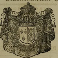 An illustration from Histoire généalogique et chronologique de la maison royale de France, des pairs, grands officiers de la couronne & de la maison du roy & des anciens barons du royaume : avec les qualitez, l'origine, le progrés & les armes de leurs familles; ensemble les statuts & le catalogue des chevaliers, commandeurs, & officiers de l'ordre du S. Esprit : le tovt dressé svr titres originaux, svr les registres des chartes du roy, du parlement, de la chambre des comptes, & du châtelet de Paris, cartulaires, manuscrits de la bibliotheque du roy, & d'autres cabinets curieux (1726)