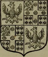 An illustration from Histoire généalogique et chronologique de la maison royale de France, des pairs, grands officiers de la couronne & de la maison du roy & des anciens barons du royaume : avec les qualitez, l'origine, le progrés & les armes de leurs familles; ensemble les statuts & le catalogue des chevaliers, commandeurs, & officiers de l'ordre du S. Esprit : le tovt dressé svr titres originaux, svr les registres des chartes du roy, du parlement, de la chambre des comptes, & du châtelet de Paris, cartulaires, manuscrits de la bibliotheque du roy, & d'autres cabinets curieux (1726)