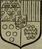 An illustration from Histoire généalogique et chronologique de la maison royale de France, des pairs, grands officiers de la couronne & de la maison du roy & des anciens barons du royaume : avec les qualitez, l'origine, le progrés & les armes de leurs familles; ensemble les statuts & le catalogue des chevaliers, commandeurs, & officiers de l'ordre du S. Esprit : le tovt dressé svr titres originaux, svr les registres des chartes du roy, du parlement, de la chambre des comptes, & du châtelet de Paris, cartulaires, manuscrits de la bibliotheque du roy, & d'autres cabinets curieux (1726)