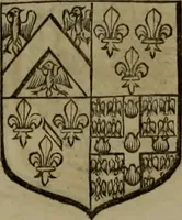 An illustration from Histoire généalogique et chronologique de la maison royale de France, des pairs, grands officiers de la couronne & de la maison du roy & des anciens barons du royaume : avec les qualitez, l'origine, le progrés & les armes de leurs familles; ensemble les statuts & le catalogue des chevaliers, commandeurs, & officiers de l'ordre du S. Esprit : le tovt dressé svr titres originaux, svr les registres des chartes du roy, du parlement, de la chambre des comptes, & du châtelet de Paris, cartulaires, manuscrits de la bibliotheque du roy, & d'autres cabinets curieux (1726)