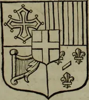 An illustration from Histoire généalogique et chronologique de la maison royale de France, des pairs, grands officiers de la couronne & de la maison du roy & des anciens barons du royaume : avec les qualitez, l'origine, le progrés & les armes de leurs familles; ensemble les statuts & le catalogue des chevaliers, commandeurs, & officiers de l'ordre du S. Esprit : le tovt dressé svr titres originaux, svr les registres des chartes du roy, du parlement, de la chambre des comptes, & du châtelet de Paris, cartulaires, manuscrits de la bibliotheque du roy, & d'autres cabinets curieux (1726)