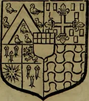An illustration from Histoire généalogique et chronologique de la maison royale de France, des pairs, grands officiers de la couronne & de la maison du roy & des anciens barons du royaume : avec les qualitez, l'origine, le progrés & les armes de leurs familles; ensemble les statuts & le catalogue des chevaliers, commandeurs, & officiers de l'ordre du S. Esprit : le tovt dressé svr titres originaux, svr les registres des chartes du roy, du parlement, de la chambre des comptes, & du châtelet de Paris, cartulaires, manuscrits de la bibliotheque du roy, & d'autres cabinets curieux (1726)