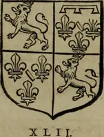 An illustration from Histoire généalogique et chronologique de la maison royale de France, des pairs, grands officiers de la couronne & de la maison du roy & des anciens barons du royaume : avec les qualitez, l'origine, le progrés & les armes de leurs familles; ensemble les statuts & le catalogue des chevaliers, commandeurs, & officiers de l'ordre du S. Esprit : le tovt dressé svr titres originaux, svr les registres des chartes du roy, du parlement, de la chambre des comptes, & du châtelet de Paris, cartulaires, manuscrits de la bibliotheque du roy, & d'autres cabinets curieux (1726)