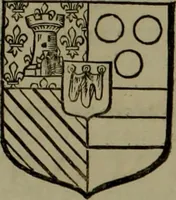 An illustration from Histoire généalogique et chronologique de la maison royale de France, des pairs, grands officiers de la couronne & de la maison du roy & des anciens barons du royaume : avec les qualitez, l'origine, le progrés & les armes de leurs familles; ensemble les statuts & le catalogue des chevaliers, commandeurs, & officiers de l'ordre du S. Esprit : le tovt dressé svr titres originaux, svr les registres des chartes du roy, du parlement, de la chambre des comptes, & du châtelet de Paris, cartulaires, manuscrits de la bibliotheque du roy, & d'autres cabinets curieux (1726)
