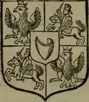 An illustration from Histoire généalogique et chronologique de la maison royale de France, des pairs, grands officiers de la couronne & de la maison du roy & des anciens barons du royaume : avec les qualitez, l'origine, le progrés & les armes de leurs familles; ensemble les statuts & le catalogue des chevaliers, commandeurs, & officiers de l'ordre du S. Esprit : le tovt dressé svr titres originaux, svr les registres des chartes du roy, du parlement, de la chambre des comptes, & du châtelet de Paris, cartulaires, manuscrits de la bibliotheque du roy, & d'autres cabinets curieux (1726)
