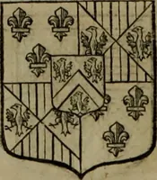 An illustration from Histoire généalogique et chronologique de la maison royale de France, des pairs, grands officiers de la couronne & de la maison du roy & des anciens barons du royaume : avec les qualitez, l'origine, le progrés & les armes de leurs familles; ensemble les statuts & le catalogue des chevaliers, commandeurs, & officiers de l'ordre du S. Esprit : le tovt dressé svr titres originaux, svr les registres des chartes du roy, du parlement, de la chambre des comptes, & du châtelet de Paris, cartulaires, manuscrits de la bibliotheque du roy, & d'autres cabinets curieux (1726)