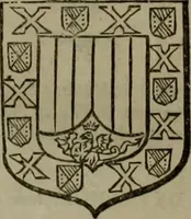 An illustration from Histoire généalogique et chronologique de la maison royale de France, des pairs, grands officiers de la couronne & de la maison du roy & des anciens barons du royaume : avec les qualitez, l'origine, le progrés & les armes de leurs familles; ensemble les statuts & le catalogue des chevaliers, commandeurs, & officiers de l'ordre du S. Esprit : le tovt dressé svr titres originaux, svr les registres des chartes du roy, du parlement, de la chambre des comptes, & du châtelet de Paris, cartulaires, manuscrits de la bibliotheque du roy, & d'autres cabinets curieux (1726)