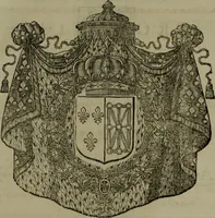 An illustration from Histoire généalogique et chronologique de la maison royale de France, des pairs, grands officiers de la couronne & de la maison du roy & des anciens barons du royaume : avec les qualitez, l'origine, le progrés & les armes de leurs familles; ensemble les statuts & le catalogue des chevaliers, commandeurs, & officiers de l'ordre du S. Esprit : le tovt dressé svr titres originaux, svr les registres des chartes du roy, du parlement, de la chambre des comptes, & du châtelet de Paris, cartulaires, manuscrits de la bibliotheque du roy, & d'autres cabinets curieux (1726)