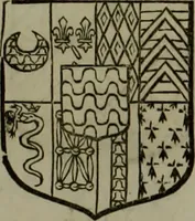 An illustration from Histoire généalogique et chronologique de la maison royale de France, des pairs, grands officiers de la couronne & de la maison du roy & des anciens barons du royaume : avec les qualitez, l'origine, le progrés & les armes de leurs familles; ensemble les statuts & le catalogue des chevaliers, commandeurs, & officiers de l'ordre du S. Esprit : le tovt dressé svr titres originaux, svr les registres des chartes du roy, du parlement, de la chambre des comptes, & du châtelet de Paris, cartulaires, manuscrits de la bibliotheque du roy, & d'autres cabinets curieux (1726)