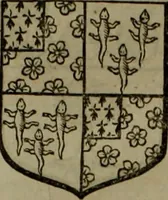 An illustration from Histoire généalogique et chronologique de la maison royale de France, des pairs, grands officiers de la couronne & de la maison du roy & des anciens barons du royaume : avec les qualitez, l'origine, le progrés & les armes de leurs familles; ensemble les statuts & le catalogue des chevaliers, commandeurs, & officiers de l'ordre du S. Esprit : le tovt dressé svr titres originaux, svr les registres des chartes du roy, du parlement, de la chambre des comptes, & du châtelet de Paris, cartulaires, manuscrits de la bibliotheque du roy, & d'autres cabinets curieux (1726)