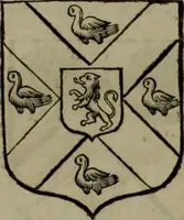 An illustration from Histoire généalogique et chronologique de la maison royale de France, des pairs, grands officiers de la couronne & de la maison du roy & des anciens barons du royaume : avec les qualitez, l'origine, le progrés & les armes de leurs familles; ensemble les statuts & le catalogue des chevaliers, commandeurs, & officiers de l'ordre du S. Esprit : le tovt dressé svr titres originaux, svr les registres des chartes du roy, du parlement, de la chambre des comptes, & du châtelet de Paris, cartulaires, manuscrits de la bibliotheque du roy, & d'autres cabinets curieux (1726)