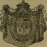 An illustration from Histoire généalogique et chronologique de la maison royale de France, des pairs, grands officiers de la couronne & de la maison du roy & des anciens barons du royaume : avec les qualitez, l'origine, le progrés & les armes de leurs familles; ensemble les statuts & le catalogue des chevaliers, commandeurs, & officiers de l'ordre du S. Esprit : le tovt dressé svr titres originaux, svr les registres des chartes du roy, du parlement, de la chambre des comptes, & du châtelet de Paris, cartulaires, manuscrits de la bibliotheque du roy, & d'autres cabinets curieux (1726)