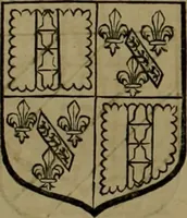 An illustration from Histoire généalogique et chronologique de la maison royale de France, des pairs, grands officiers de la couronne & de la maison du roy & des anciens barons du royaume : avec les qualitez, l'origine, le progrés & les armes de leurs familles; ensemble les statuts & le catalogue des chevaliers, commandeurs, & officiers de l'ordre du S. Esprit : le tovt dressé svr titres originaux, svr les registres des chartes du roy, du parlement, de la chambre des comptes, & du châtelet de Paris, cartulaires, manuscrits de la bibliotheque du roy, & d'autres cabinets curieux (1726)