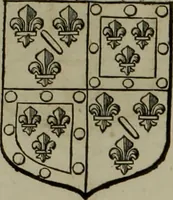 An illustration from Histoire généalogique et chronologique de la maison royale de France, des pairs, grands officiers de la couronne & de la maison du roy & des anciens barons du royaume : avec les qualitez, l'origine, le progrés & les armes de leurs familles; ensemble les statuts & le catalogue des chevaliers, commandeurs, & officiers de l'ordre du S. Esprit : le tovt dressé svr titres originaux, svr les registres des chartes du roy, du parlement, de la chambre des comptes, & du châtelet de Paris, cartulaires, manuscrits de la bibliotheque du roy, & d'autres cabinets curieux (1726)