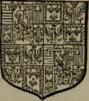 An illustration from Histoire généalogique et chronologique de la maison royale de France, des pairs, grands officiers de la couronne & de la maison du roy & des anciens barons du royaume : avec les qualitez, l'origine, le progrés & les armes de leurs familles; ensemble les statuts & le catalogue des chevaliers, commandeurs, & officiers de l'ordre du S. Esprit : le tovt dressé svr titres originaux, svr les registres des chartes du roy, du parlement, de la chambre des comptes, & du châtelet de Paris, cartulaires, manuscrits de la bibliotheque du roy, & d'autres cabinets curieux (1726)