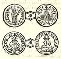 An illustration from Historia antica e moderna, sacra e profana, della città di Trieste, celebre colonia de'cittadini Romani : con la notitia di molt'arcani d'antichità, prerogative di nobiltà, e gesti d'huomini illustri, privilegi della città, e famiglie d'essa, varietà d'eruditioni, inscrittioni, sassi, mausolei, M.S. successi, mutationi de riti, e dominj, fin'à quest'anno 1698 (1698)