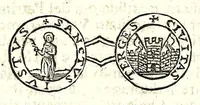 An illustration from Historia antica e moderna, sacra e profana, della città di Trieste, celebre colonia de'cittadini Romani : con la notitia di molt'arcani d'antichità, prerogative di nobiltà, e gesti d'huomini illustri, privilegi della città, e famiglie d'essa, varietà d'eruditioni, inscrittioni, sassi, mausolei, M.S. successi, mutationi de riti, e dominj, fin'à quest'anno 1698 (1698)