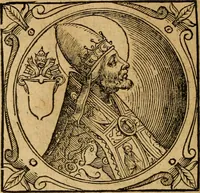 An illustration from Historia B. Platinae de vitis pontificum Romanorum : a D.N. Jesu Christo usque ad Paulum II. venetum papam : longe' quam antea emendatior, doctissimarumq[ue] annotationum Onuphrii Panuinii accessione nunc illustrior reddita : cui, eiusdem Onuphrii accurata atque fideli operâ, reliquorum pontificum vitae, usq[ue] ad Pium V. & Antonii Ciccarellae, usq[ue] ad Clementem VIII. qui hodiè sanctæ Romanae Catholicae ecclesiae præsidet, adiunctæ sunt : accesserunt nunc demum omnium pontificum verae effigies : omnia summo studio emendata & correcta (1600)