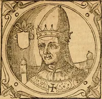 An illustration from Historia B. Platinae de vitis pontificum Romanorum : a D.N. Jesu Christo usque ad Paulum II. venetum papam : longe' quam antea emendatior, doctissimarumq[ue] annotationum Onuphrii Panuinii accessione nunc illustrior reddita : cui, eiusdem Onuphrii accurata atque fideli operâ, reliquorum pontificum vitae, usq[ue] ad Pium V. & Antonii Ciccarellae, usq[ue] ad Clementem VIII. qui hodiè sanctæ Romanae Catholicae ecclesiae præsidet, adiunctæ sunt : accesserunt nunc demum omnium pontificum verae effigies : omnia summo studio emendata & correcta (1600)