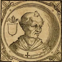An illustration from Historia B. Platinae de vitis pontificum Romanorum : a D.N. Jesu Christo usque ad Paulum II. venetum papam : longe' quam antea emendatior, doctissimarumq[ue] annotationum Onuphrii Panuinii accessione nunc illustrior reddita : cui, eiusdem Onuphrii accurata atque fideli operâ, reliquorum pontificum vitae, usq[ue] ad Pium V. & Antonii Ciccarellae, usq[ue] ad Clementem VIII. qui hodiè sanctæ Romanae Catholicae ecclesiae præsidet, adiunctæ sunt : accesserunt nunc demum omnium pontificum verae effigies : omnia summo studio emendata & correcta (1600)