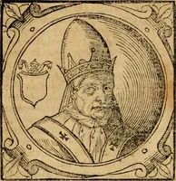 An illustration from Historia B. Platinae de vitis pontificum Romanorum : a D.N. Jesu Christo usque ad Paulum II. venetum papam : longe' quam antea emendatior, doctissimarumq[ue] annotationum Onuphrii Panuinii accessione nunc illustrior reddita : cui, eiusdem Onuphrii accurata atque fideli operâ, reliquorum pontificum vitae, usq[ue] ad Pium V. & Antonii Ciccarellae, usq[ue] ad Clementem VIII. qui hodiè sanctæ Romanae Catholicae ecclesiae præsidet, adiunctæ sunt : accesserunt nunc demum omnium pontificum verae effigies : omnia summo studio emendata & correcta (1600)
