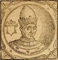 An illustration from Historia B. Platinae de vitis pontificum Romanorum : a D.N. Jesu Christo usque ad Paulum II. venetum papam : longe' quam antea emendatior, doctissimarumq[ue] annotationum Onuphrii Panuinii accessione nunc illustrior reddita : cui, eiusdem Onuphrii accurata atque fideli operâ, reliquorum pontificum vitae, usq[ue] ad Pium V. & Antonii Ciccarellae, usq[ue] ad Clementem VIII. qui hodiè sanctæ Romanae Catholicae ecclesiae præsidet, adiunctæ sunt : accesserunt nunc demum omnium pontificum verae effigies : omnia summo studio emendata & correcta (1600)