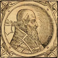 An illustration from Historia B. Platinae de vitis pontificum Romanorum : a D.N. Jesu Christo usque ad Paulum II. venetum papam : longe' quam antea emendatior, doctissimarumq[ue] annotationum Onuphrii Panuinii accessione nunc illustrior reddita : cui, eiusdem Onuphrii accurata atque fideli operâ, reliquorum pontificum vitae, usq[ue] ad Pium V. & Antonii Ciccarellae, usq[ue] ad Clementem VIII. qui hodiè sanctæ Romanae Catholicae ecclesiae præsidet, adiunctæ sunt : accesserunt nunc demum omnium pontificum verae effigies : omnia summo studio emendata & correcta (1600)