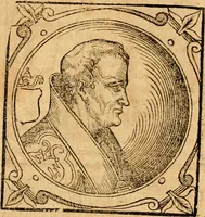 An illustration from Historia B. Platinae de vitis pontificum Romanorum : a D.N. Jesu Christo usque ad Paulum II. venetum papam : longe' quam antea emendatior, doctissimarumq[ue] annotationum Onuphrii Panuinii accessione nunc illustrior reddita : cui, eiusdem Onuphrii accurata atque fideli operâ, reliquorum pontificum vitae, usq[ue] ad Pium V. & Antonii Ciccarellae, usq[ue] ad Clementem VIII. qui hodiè sanctæ Romanae Catholicae ecclesiae præsidet, adiunctæ sunt : accesserunt nunc demum omnium pontificum verae effigies : omnia summo studio emendata & correcta (1600)