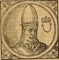 An illustration from Historia B. Platinae de vitis pontificum Romanorum : a D.N. Jesu Christo usque ad Paulum II. venetum papam : longe' quam antea emendatior, doctissimarumq[ue] annotationum Onuphrii Panuinii accessione nunc illustrior reddita : cui, eiusdem Onuphrii accurata atque fideli operâ, reliquorum pontificum vitae, usq[ue] ad Pium V. & Antonii Ciccarellae, usq[ue] ad Clementem VIII. qui hodiè sanctæ Romanae Catholicae ecclesiae præsidet, adiunctæ sunt : accesserunt nunc demum omnium pontificum verae effigies : omnia summo studio emendata & correcta (1600)