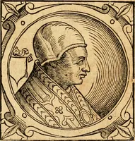 An illustration from Historia B. Platinae de vitis pontificum Romanorum : a D.N. Jesu Christo usque ad Paulum II. venetum papam : longe' quam antea emendatior, doctissimarumq[ue] annotationum Onuphrii Panuinii accessione nunc illustrior reddita : cui, eiusdem Onuphrii accurata atque fideli operâ, reliquorum pontificum vitae, usq[ue] ad Pium V. & Antonii Ciccarellae, usq[ue] ad Clementem VIII. qui hodiè sanctæ Romanae Catholicae ecclesiae præsidet, adiunctæ sunt : accesserunt nunc demum omnium pontificum verae effigies : omnia summo studio emendata & correcta (1600)