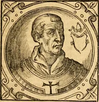 An illustration from Historia B. Platinae de vitis pontificum Romanorum : a D.N. Jesu Christo usque ad Paulum II. venetum papam : longe' quam antea emendatior, doctissimarumq[ue] annotationum Onuphrii Panuinii accessione nunc illustrior reddita : cui, eiusdem Onuphrii accurata atque fideli operâ, reliquorum pontificum vitae, usq[ue] ad Pium V. & Antonii Ciccarellae, usq[ue] ad Clementem VIII. qui hodiè sanctæ Romanae Catholicae ecclesiae præsidet, adiunctæ sunt : accesserunt nunc demum omnium pontificum verae effigies : omnia summo studio emendata & correcta (1600)