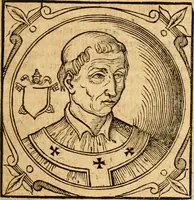 An illustration from Historia B. Platinae de vitis pontificum Romanorum : a D.N. Jesu Christo usque ad Paulum II. venetum papam : longe' quam antea emendatior, doctissimarumq[ue] annotationum Onuphrii Panuinii accessione nunc illustrior reddita : cui, eiusdem Onuphrii accurata atque fideli operâ, reliquorum pontificum vitae, usq[ue] ad Pium V. & Antonii Ciccarellae, usq[ue] ad Clementem VIII. qui hodiè sanctæ Romanae Catholicae ecclesiae præsidet, adiunctæ sunt : accesserunt nunc demum omnium pontificum verae effigies : omnia summo studio emendata & correcta (1600)