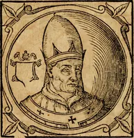 An illustration from Historia B. Platinae de vitis pontificum Romanorum : a D.N. Jesu Christo usque ad Paulum II. venetum papam : longe' quam antea emendatior, doctissimarumq[ue] annotationum Onuphrii Panuinii accessione nunc illustrior reddita : cui, eiusdem Onuphrii accurata atque fideli operâ, reliquorum pontificum vitae, usq[ue] ad Pium V. & Antonii Ciccarellae, usq[ue] ad Clementem VIII. qui hodiè sanctæ Romanae Catholicae ecclesiae præsidet, adiunctæ sunt : accesserunt nunc demum omnium pontificum verae effigies : omnia summo studio emendata & correcta (1600)